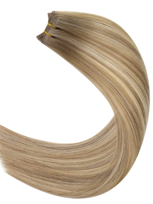 #10/22 "CARAMEL HONEY SWIRL" BROWN & CARAMEL BALAYAGE WEFT EXTENSIONS