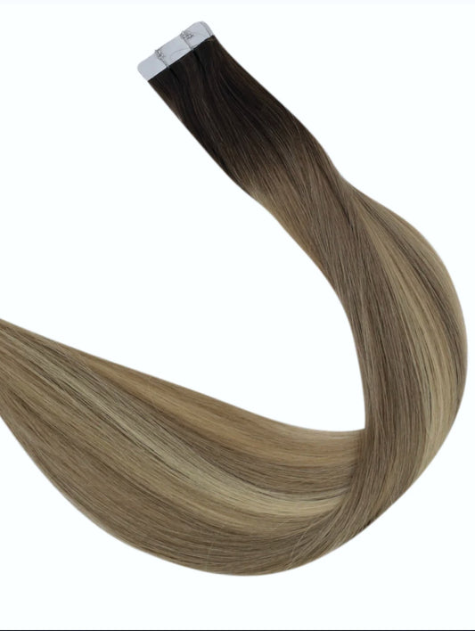 #1B/10/60 "ARUBA" DARK BROWN HIGHLIGHT BALAYAGE TAPE HAIR EXTENSIONS