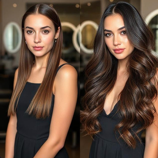 #1B/6 "MIDNIGHT" NATURAL BLACK TO MEDIUM BROWN BALAYAGE TAPE-IN HAIR EXTENSIONS.