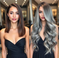 #1B/GREY "STORM" DARK BROWN TO GREY BALAYAGE TAPE HAIR EXTENSIONS