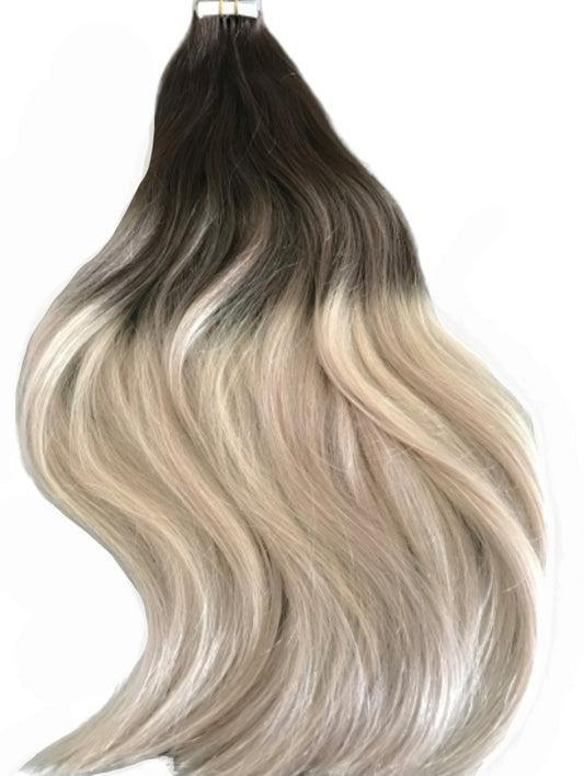 #1b/60/18 "ISABELLA" ASH BLONDE BALAYAGE TAPE HAIR EXTENSIONS