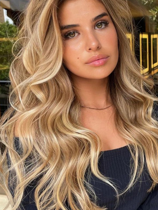 #27/22 CARAMEL HIGHLIGHTED CLIP IN HAIR EXTENSIONS 150 GRAMS