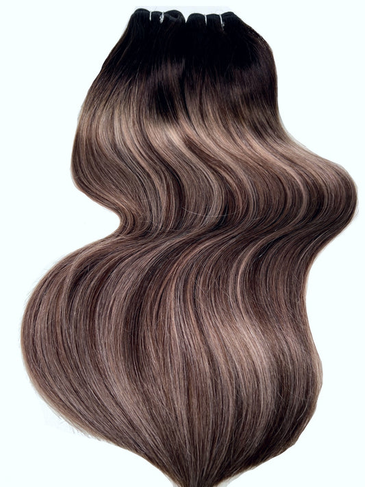 Russian balayage weft black roots, cool brown, and blonde