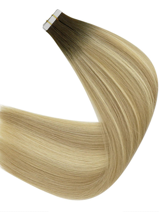 #2/18/613 " DARK BROWN BLONDE HIGHLIGHT BALAYAGE TAPE HAIR EXTENSIONS