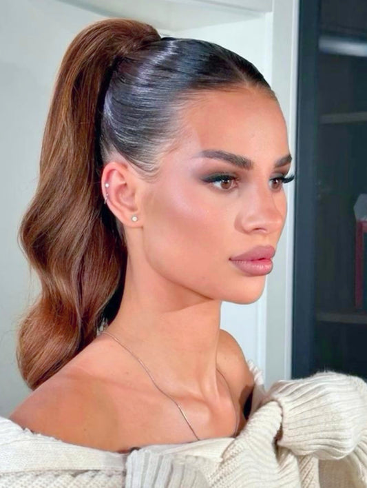 #5 AUBURN BROWN WAVY 100% REMY HUMAN HAIR CLIP IN PONYTAIL - 18"