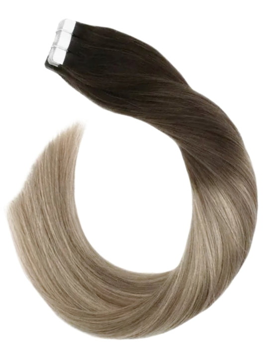 #2/22/8 "BEIGE BEAUTY" DARK BROWN TO WARM BLONDE BALAYAGE TAPE HAIR EXTENSIONS