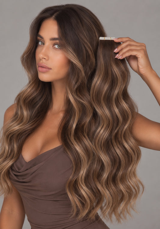 #10/22 BROWN & BLONDE HIGHLIGHT WAVY TAPE HAIR EXTENSIONS