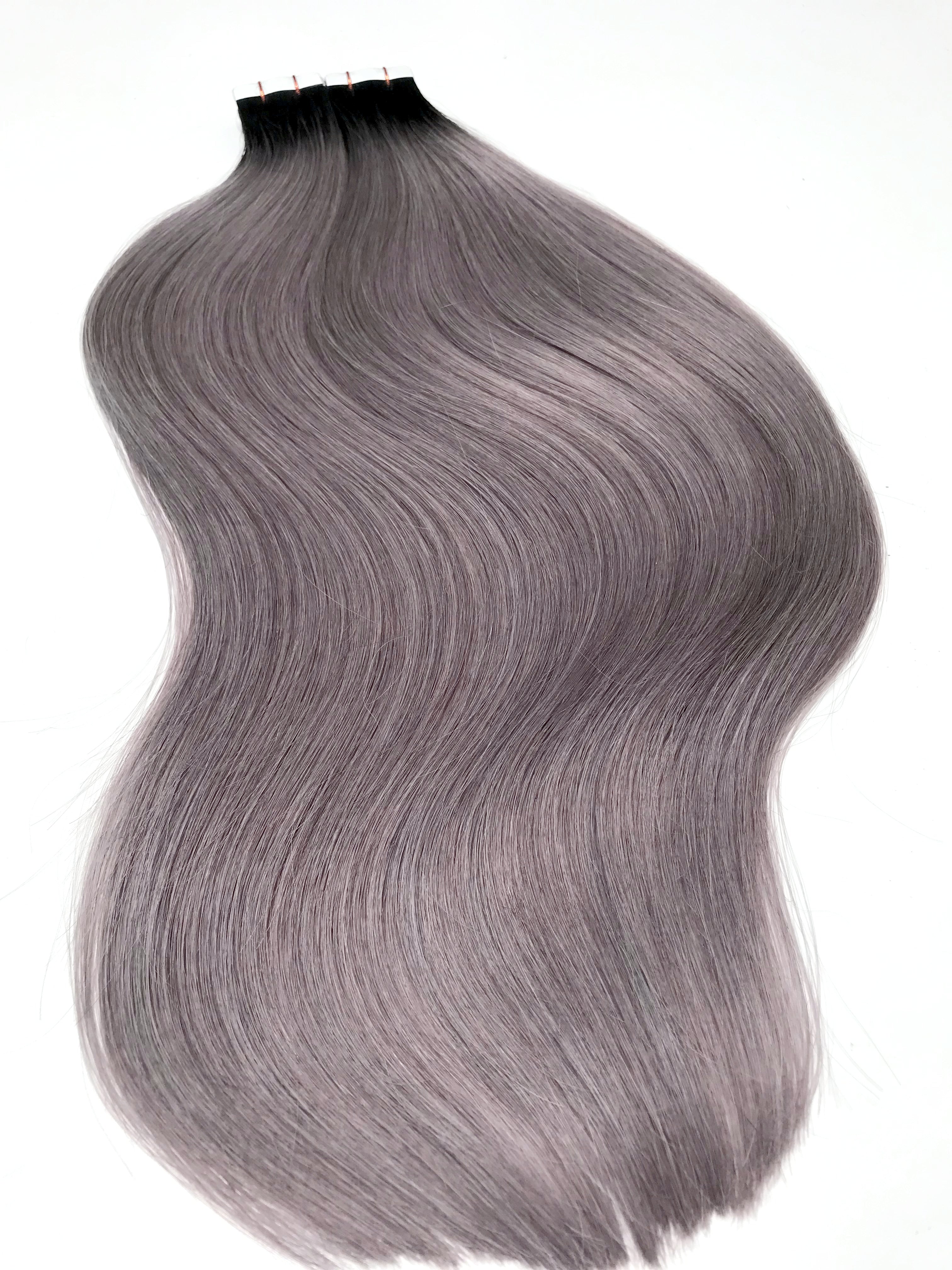 1BGREYNATURALBLACKROOTSTRETCHTOGREYTAPEHAIREXTENSIONS