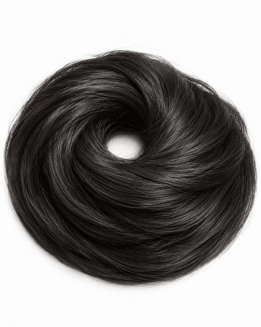#1B/2 DARKEST BROWN HIGHLIGHT HUMAN HAIR SCRUNCHIE BOOSTER BUN
