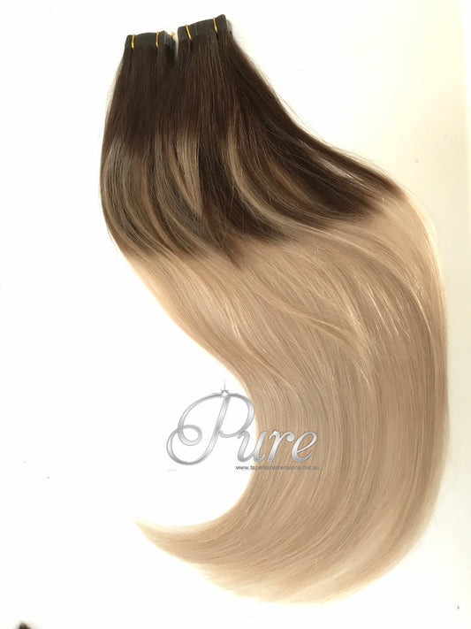 Tape - 2/22 - Dark Brown To Light Blonde Foiled- Short Fade / Root Stretch - Pure Tape Hair Extensions