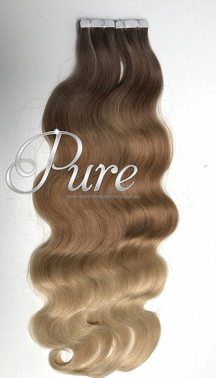 #4/12/22 Wavy Ombre Balayage Luxury Russian Grade Tape Hair Extensions - Pure Tape Hair Extensions