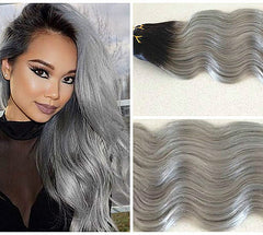 Clip-in Black to Grey Short Root - 200 grams Wavey 10 pcs - Pure Tape Hair Extensions
