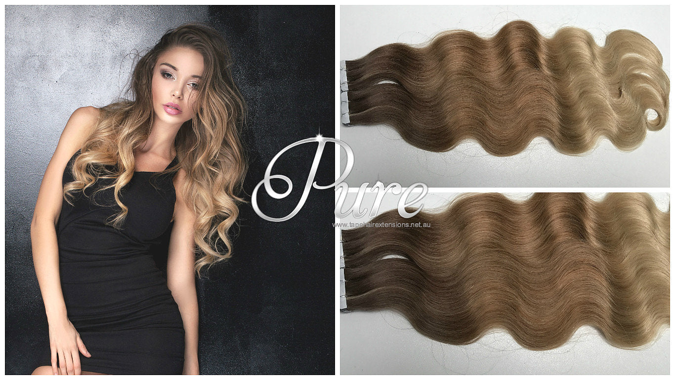 #4/12/22 Wavy Ombre Balayage Luxury Russian Grade Tape Hair Extensions - Pure Tape Hair Extensions