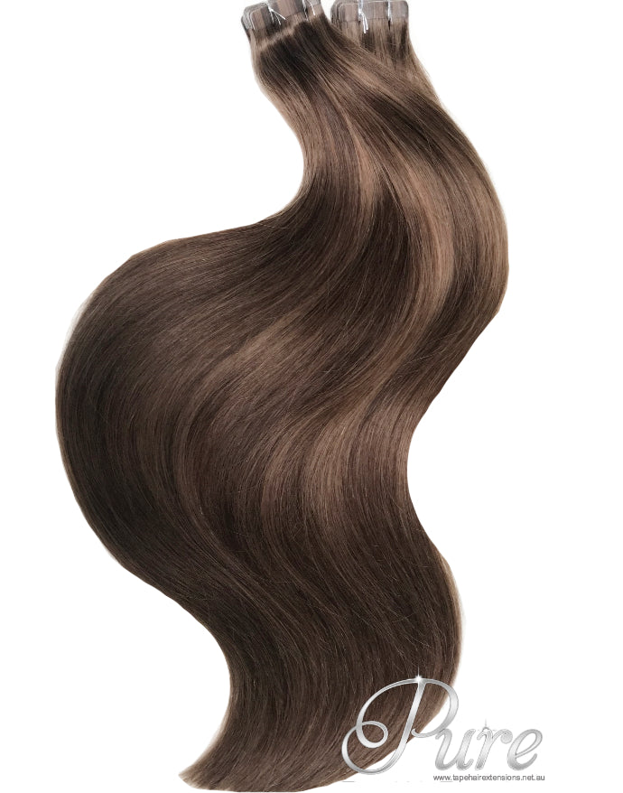 #4/8 - SUGAR & SPICE - MEDIUM BROWN / CARAMEL HIGHLIGHTS / FOILS - TAPE HAIR EXTENSIONS - Pure Tape Hair Extensions
