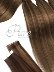 #4/8 - SUGAR & SPICE - MEDIUM BROWN / CARAMEL HIGHLIGHTS / FOILS - TAPE HAIR EXTENSIONS - Pure Tape Hair Extensions