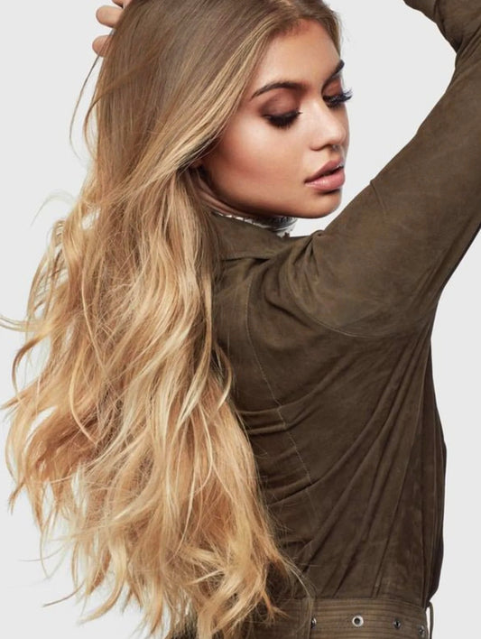 #10/22 "CARAMEL HONEY SWIRL" BROWN & CARAMEL BALAYAGE WEFT EXTENSIONS