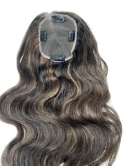 Wavy Brown Highlight - Full Volume Human Hair Topper - 18" - 3.5x5.5