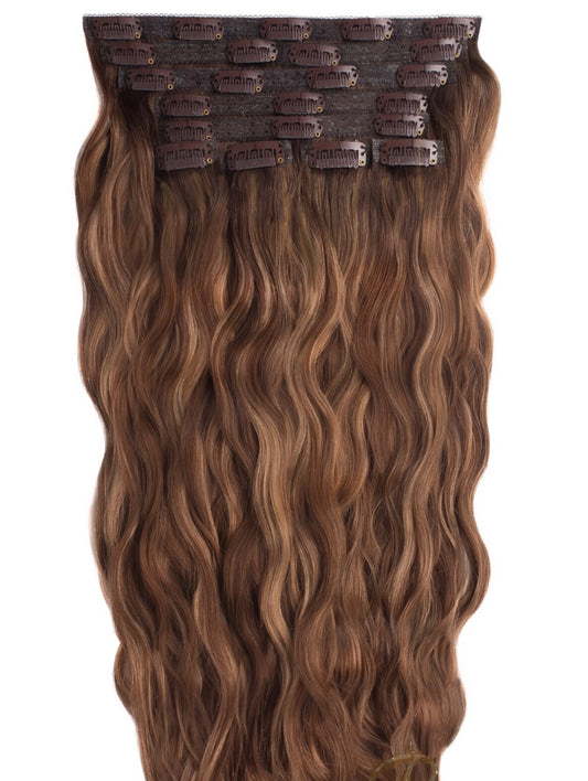 #8/10 WAVY HIGHLIGHTED BROWN CLIP IN HAIR EXTENSIONS