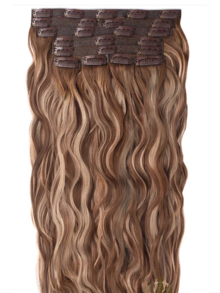 light brown highlighted wavy clip in hair extensions