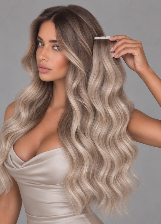 ASH BROWN ROOT STRETCH HIGHLIGHT RUSSIAN WAVY TAPE HAIR EXTENSIONS