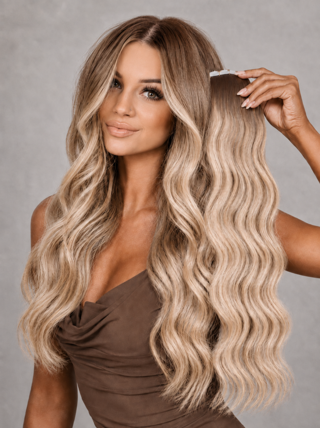 BROWN ROOT SHADOW BLONDE HIGHLIGHT RUSSIAN WAVY TAPE HAIR EXTENSIONS