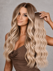 BROWN ROOT SHADOW BLONDE HIGHLIGHT RUSSIAN WAVY TAPE HAIR EXTENSIONS