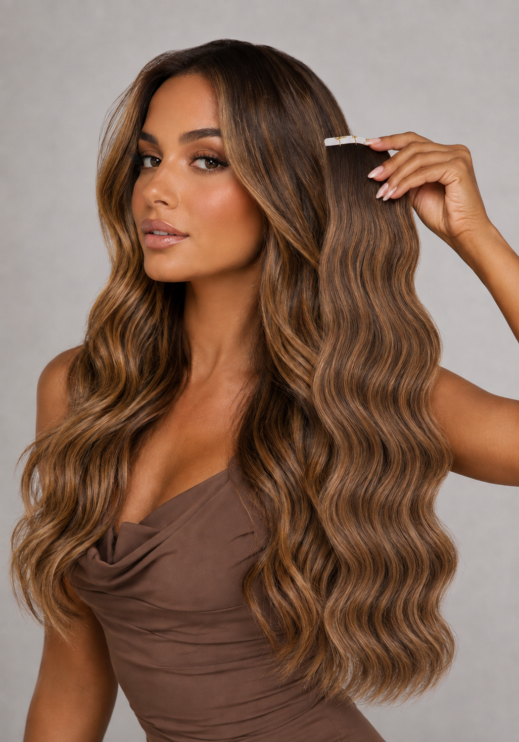 RUSSIAN #2b/3 WARM BRUNETTE HIGHLIGHT WAVY TAPE HAIR EXTENSIONS