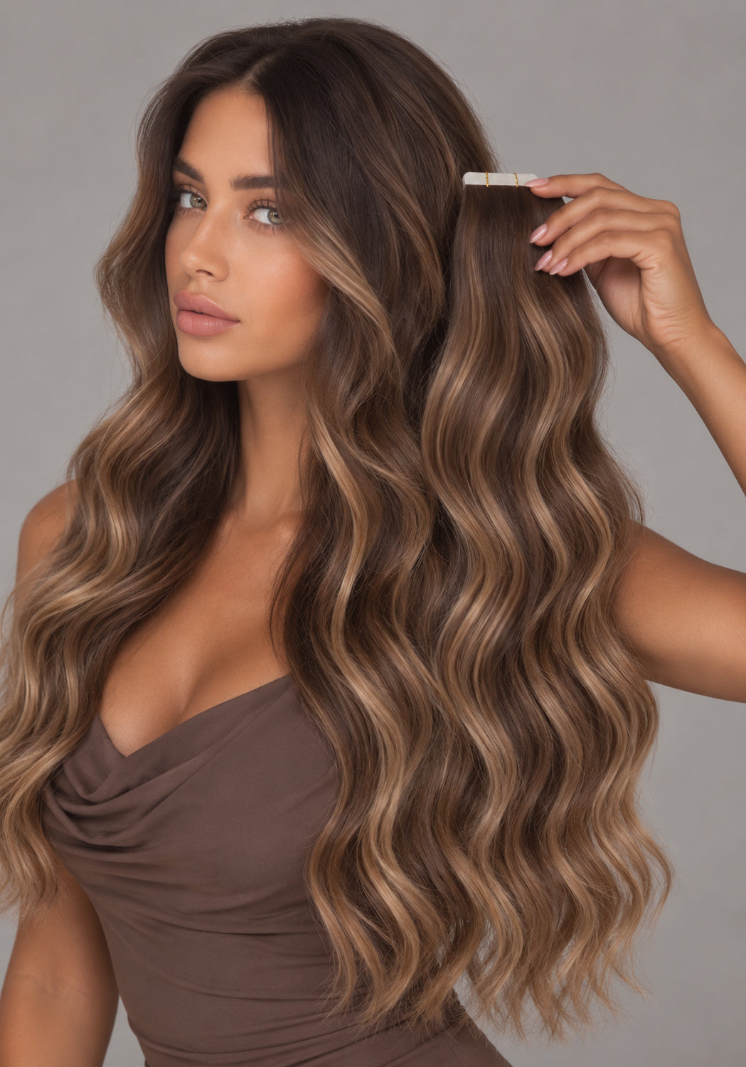 #10/22 BROWN & BLONDE HIGHLIGHT WAVY TAPE HAIR EXTENSIONS
