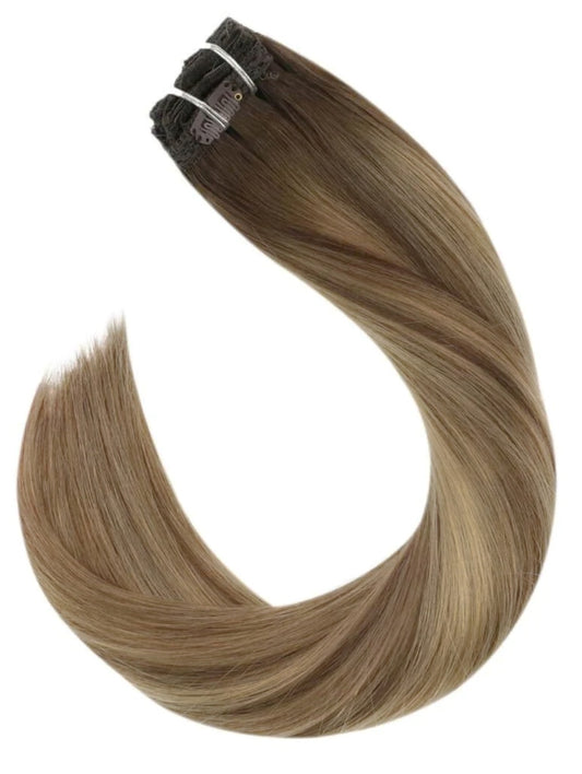 #1b/10/16"MALIBU" ASH BROWN HIGHLIGHT BALAYAGE CLIP IN HAIR EXTENSIONS