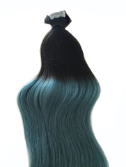 #1B/ AQUA "TROPICANA" DARK BROWN TO TEAL BALAYAGE OMBRE TAPE HAIR EXTENSIONS