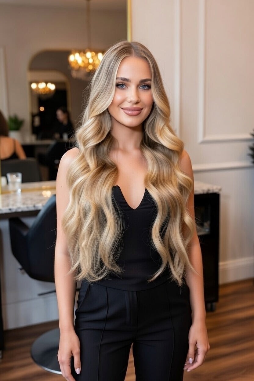 Cinnamon & Blonde Highlight Root Stretch Balayage Invisible Tape Hair Extensions - Pure Tape Hair Extensions 