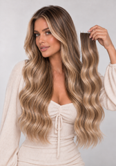 BROWN HIGHLIGHT WAVY TAPE HAIR EXTENSIONS