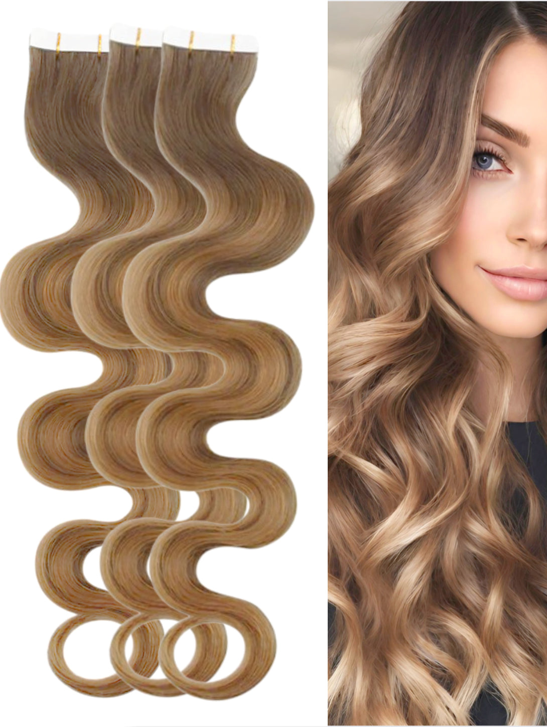 #16/8 CARAMEL HIGHLIGHT WAVY TAPE HAIR EXTENSIONS