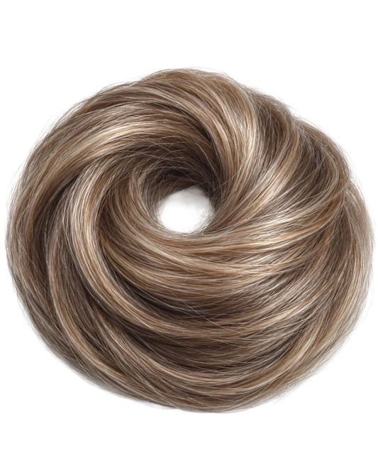 #8/14 light brown & caramel blonde highlighted 100% human hair bun scrunchie