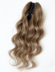 #14/8 LIGHT BROWN BLONDE HIGHLIGHT WAVY HUMAN REMY HAIR CLIP IN PONYTAIL - 18"