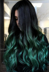 #1B/ AQUA "TROPICANA" DARK BROWN TO TEAL BALAYAGE OMBRE TAPE HAIR EXTENSIONS