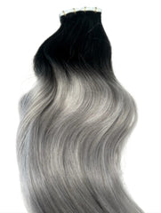 #1B/GREY "STORM" DARK BROWN TO GREY BALAYAGE TAPE HAIR EXTENSIONS