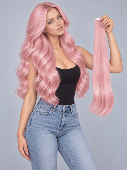 #BUBBLEGUM BLONDE PASTEL PINK RUSSIAN TAPE HAIR EXTENSIONS