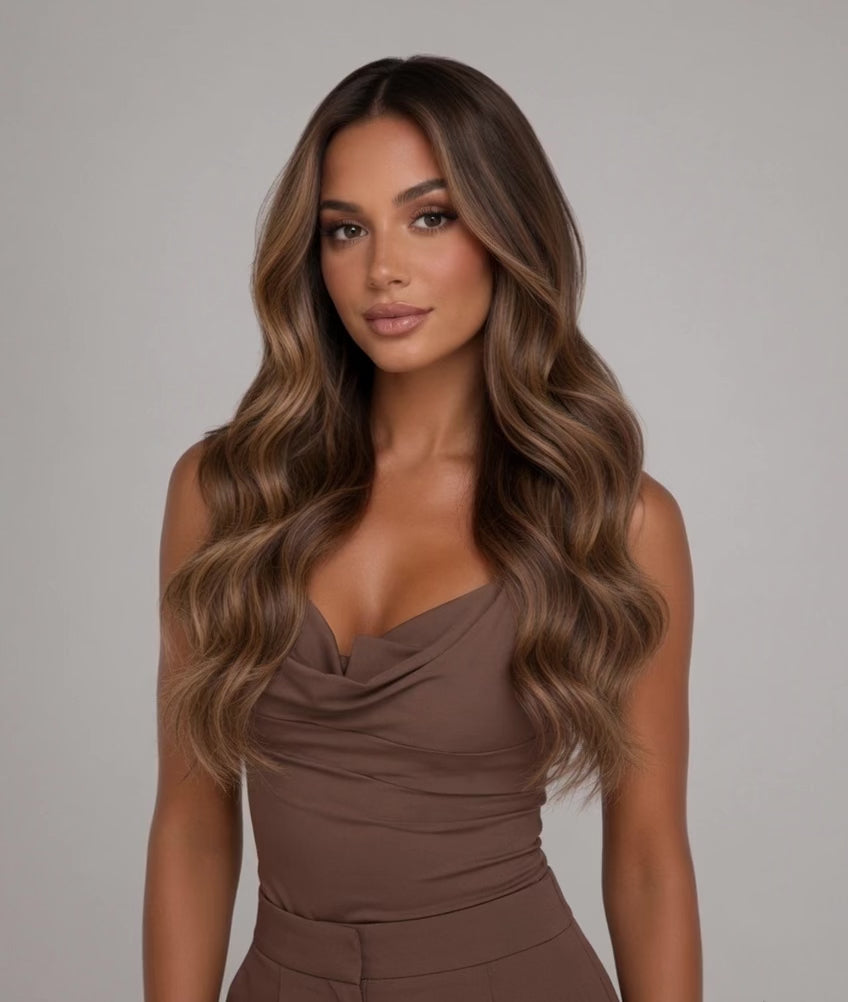 RUSSIAN #2b/3 WARM BRUNETTE HIGHLIGHT WAVY TAPE HAIR EXTENSIONS