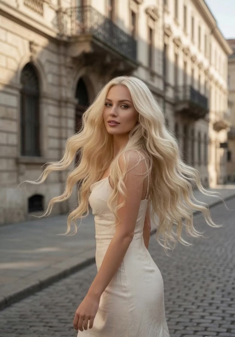 CREAM BLONDE HIGHLIGHT RUSSIAN WAVY TAPE HAIR EXTENSIONS