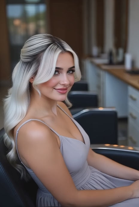 Dark brown roots to icy blonde balayage 