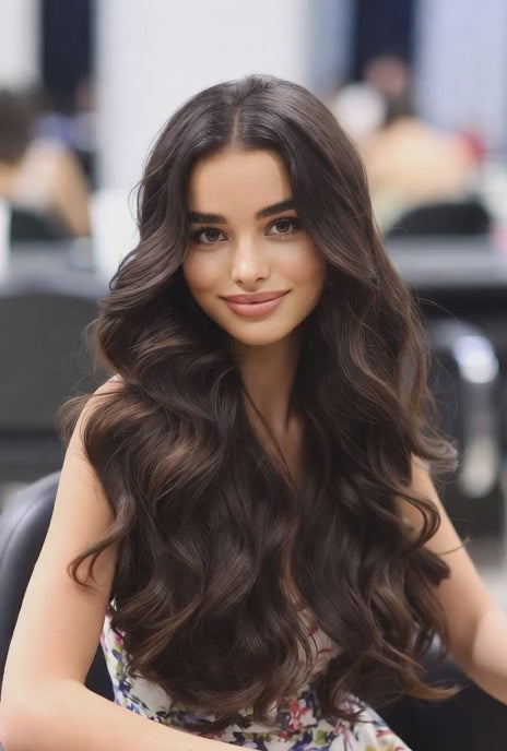 Dark brown highlight wavy clip in hair extensions 