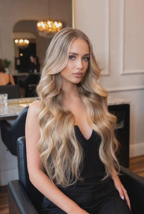 highlighted blonde caramel root stretch balayave invisible hair extensions 