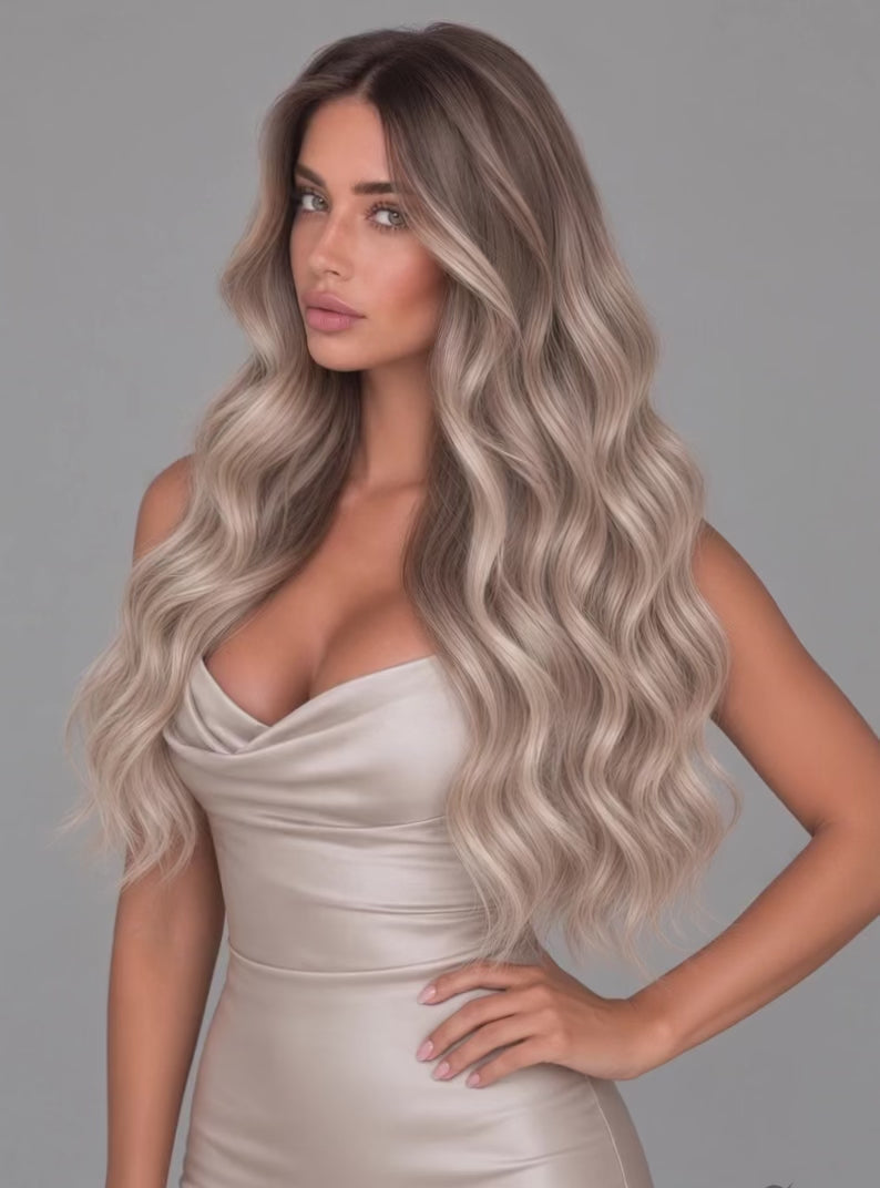 ASH BROWN ROOT STRETCH HIGHLIGHT RUSSIAN WAVY TAPE HAIR EXTENSIONS