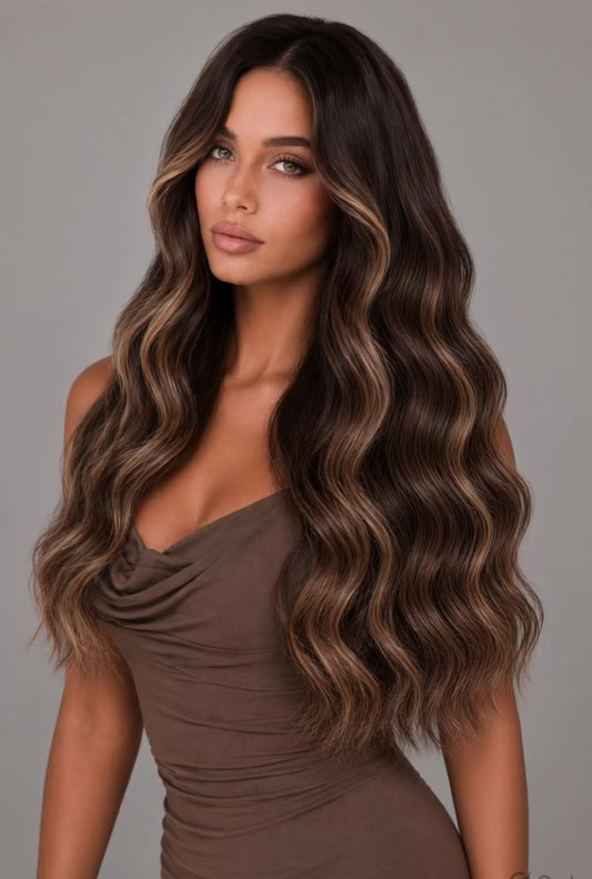 NATURAL BLACK HIGHLIGHT WAVY TAPE HAIR EXTENSIONS