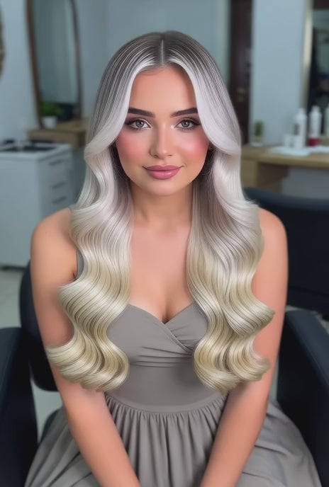 Dark brown roots to blonde balayage tape hair extensions