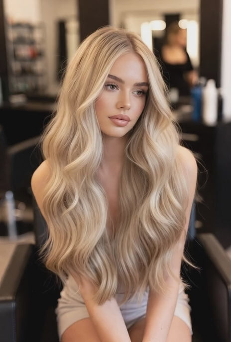 Honey blonde highlight balayage root stretch hair extensions