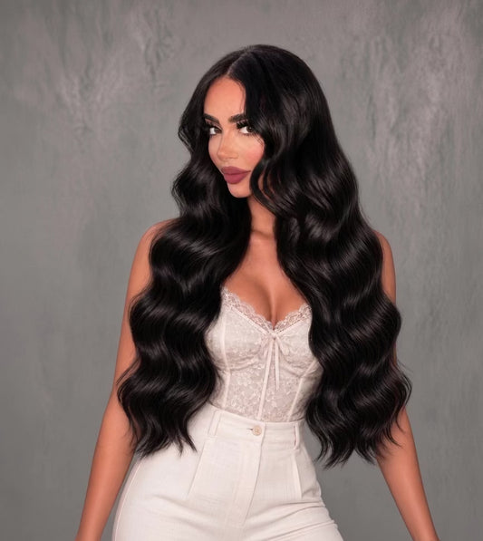 #1b NATURAL BLACK WAVY TAPE HAIR EXTENSIONS