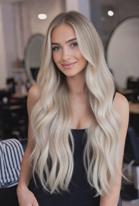 ash blonde highlighted root stretch invisible hair extensions 
