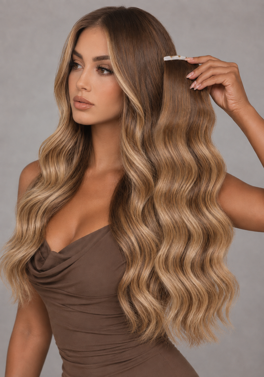 RUSSIAN #16/8 CARAMEL HIGHLIGHT WAVY TAPE HAIR EXTENSIONS
